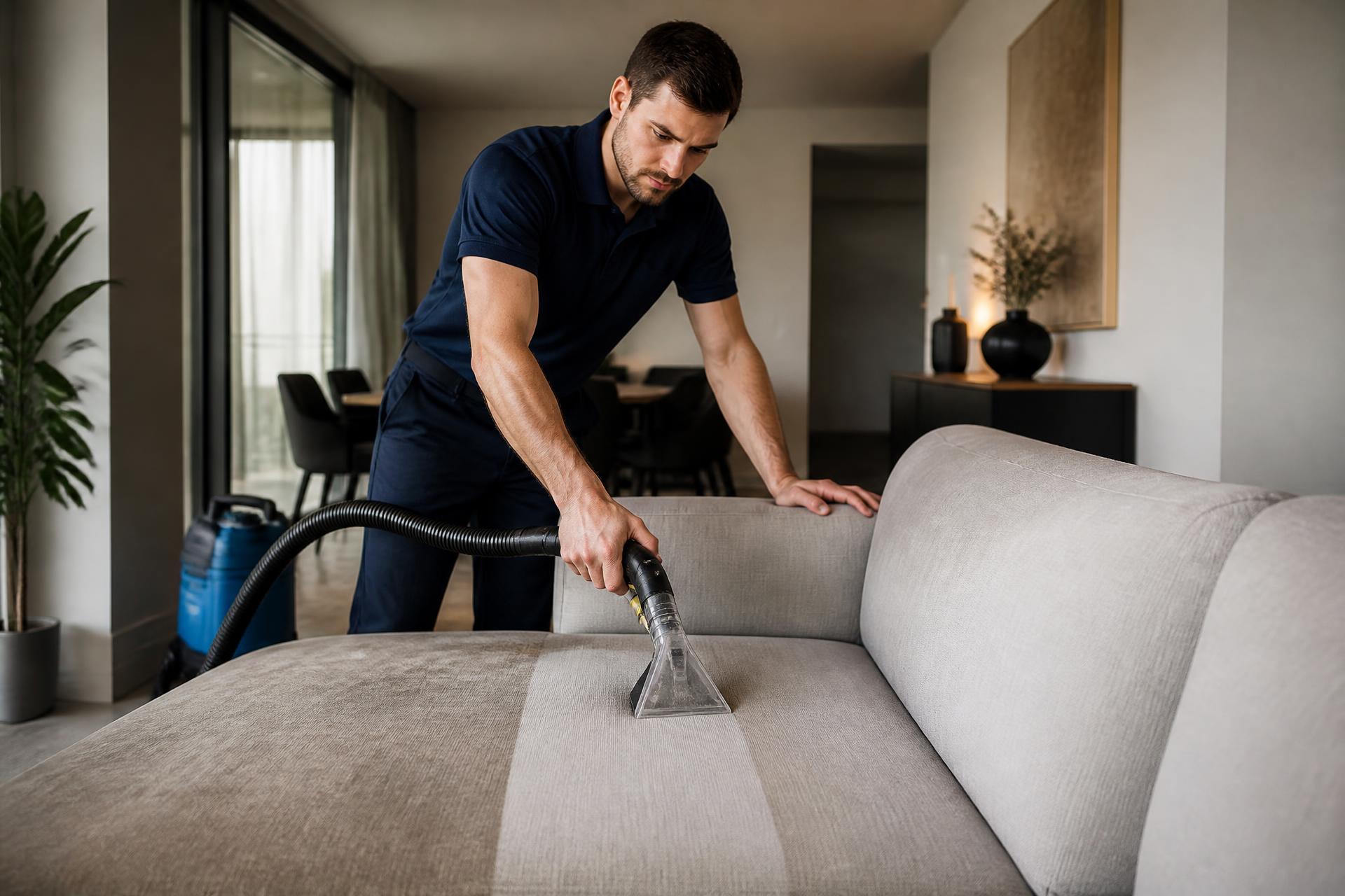 Técnico Clean For realizando limpeza profissional de sofá cinza com equipamento de extração em Curitiba